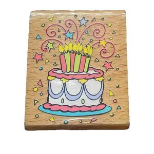 Vintage Wood Mounted Rubber Stamp Birthday Cake Candles Celebration Craft Card